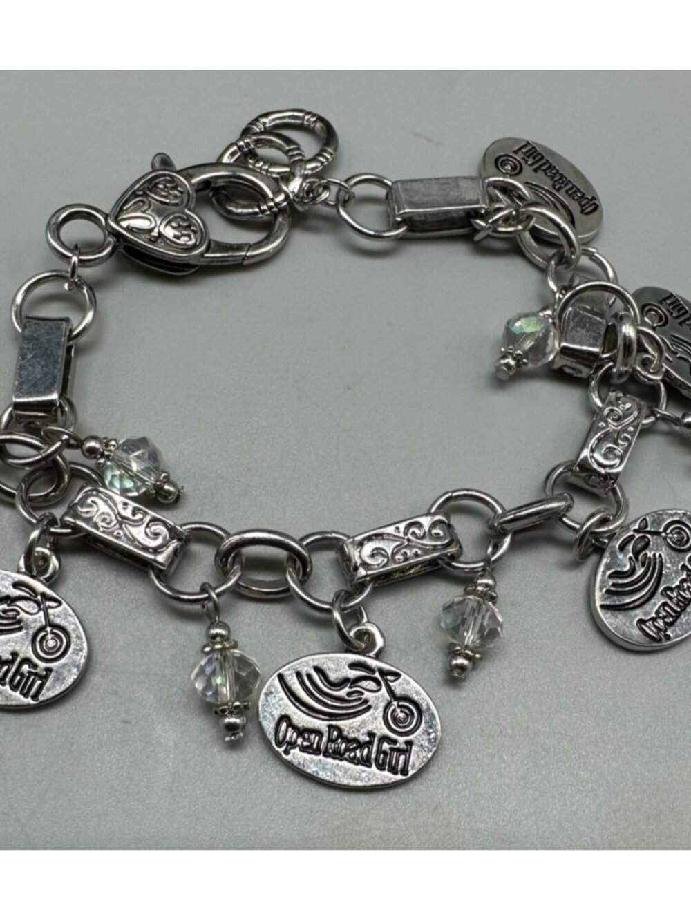 3/$30 Motorcycle Theme Charm Bracelet Silver Tone Open Road Girl Charms 8 Inch